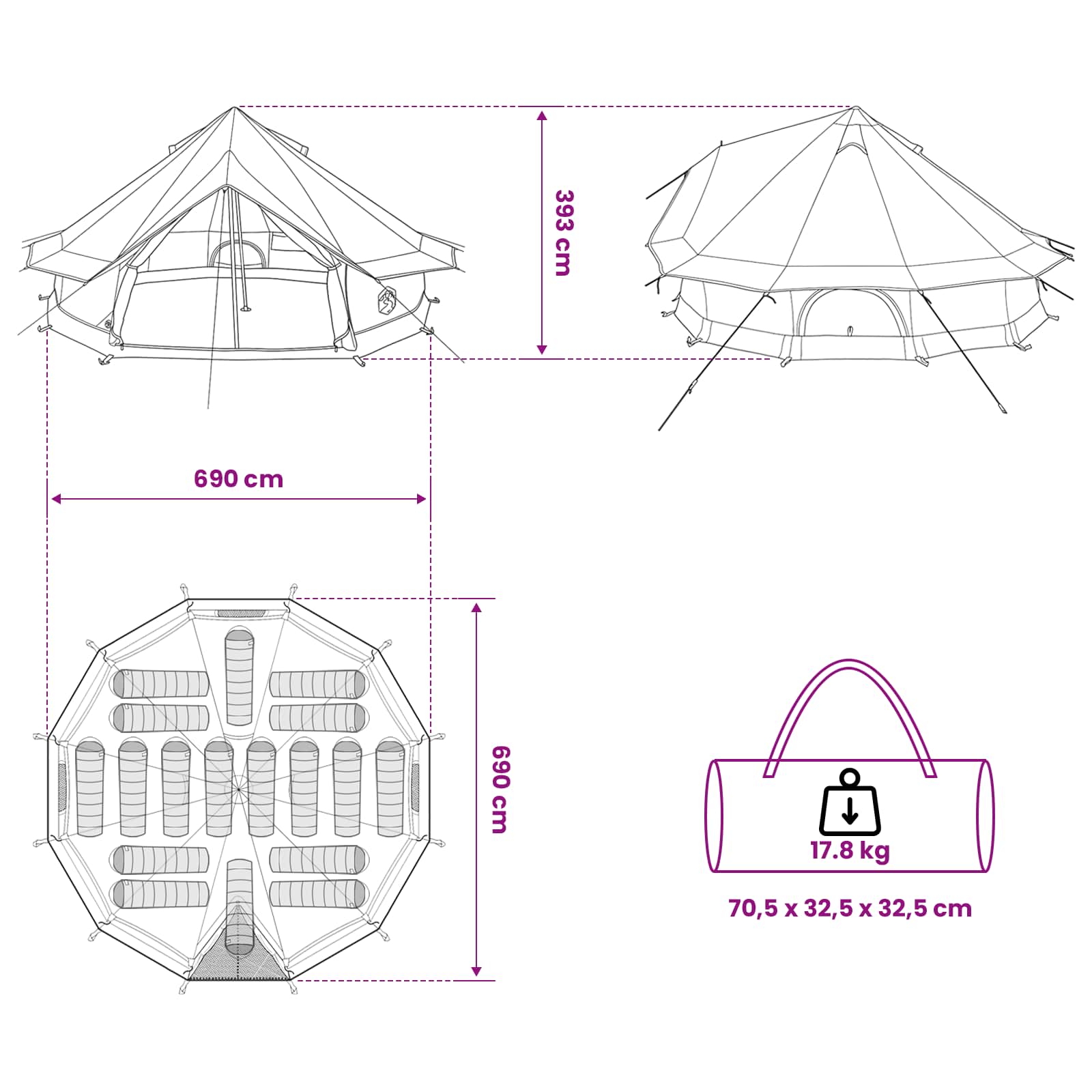 Tipi Zelt mit Dach Blau 700 x 700 x 395 cm Polyester und Stahl