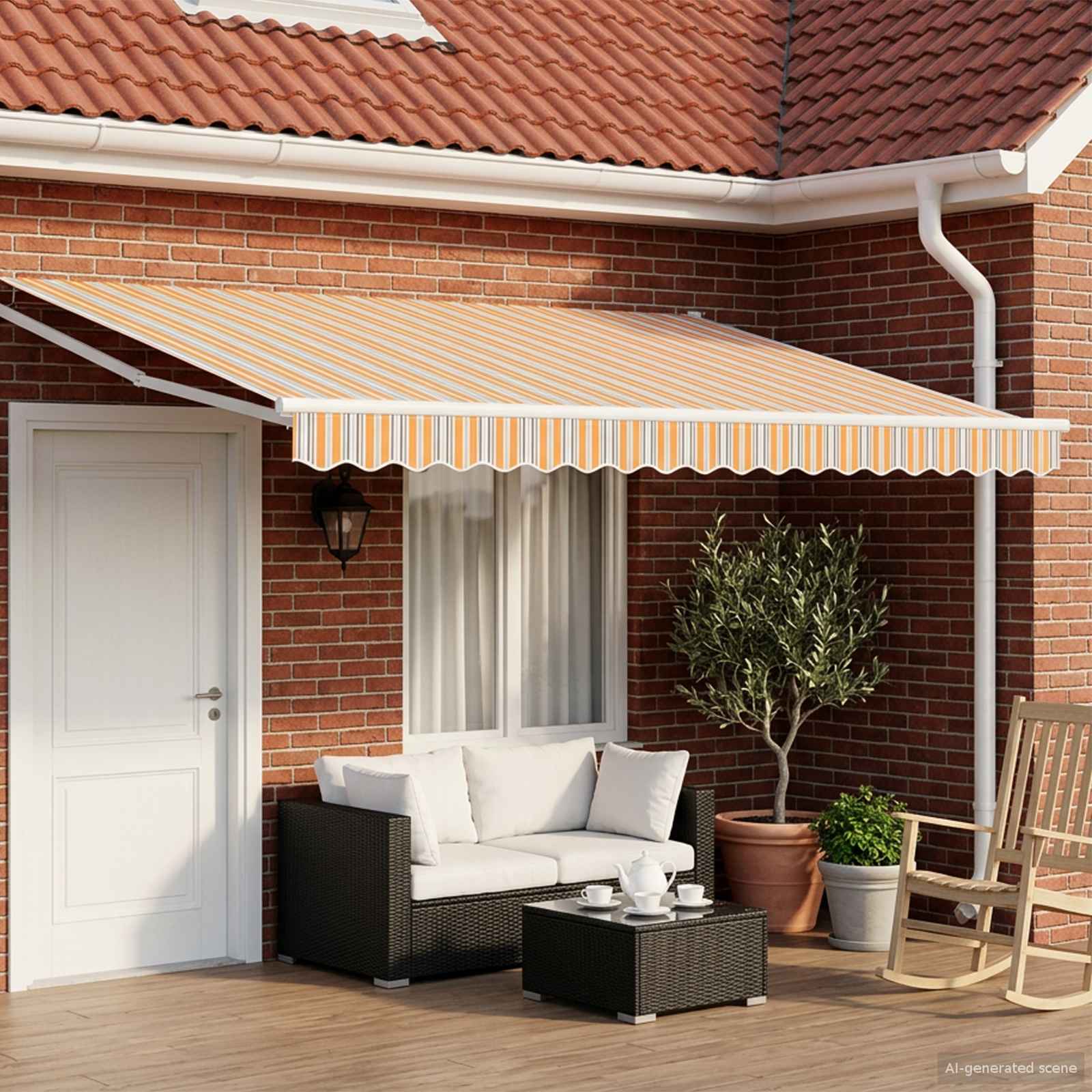 Manuelle Gelenkarmmarkise mit LEDs Blau, Orange, Weiß 4,5 × 3 m