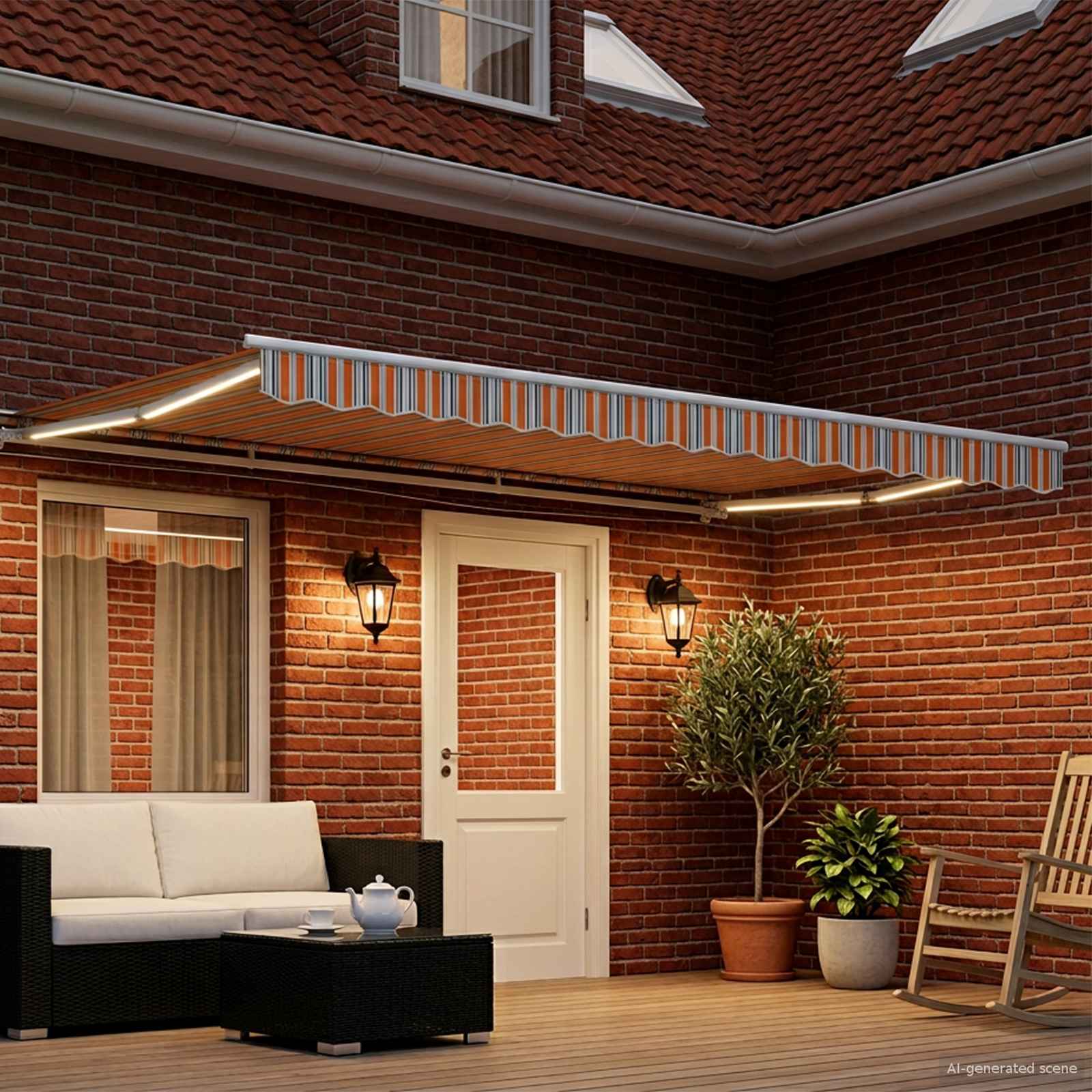 Manueller Markisenrahmen mit LEDs Blau, Orange, Weiß 4,5 × 3 m