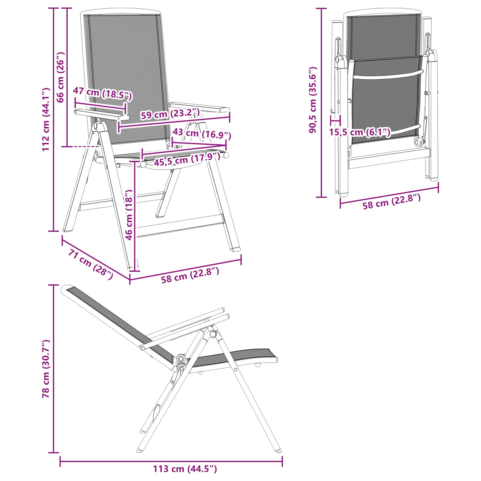 Liegestühle für den Garten 2 pcs Schwarz 58 x 71 x 112 cm