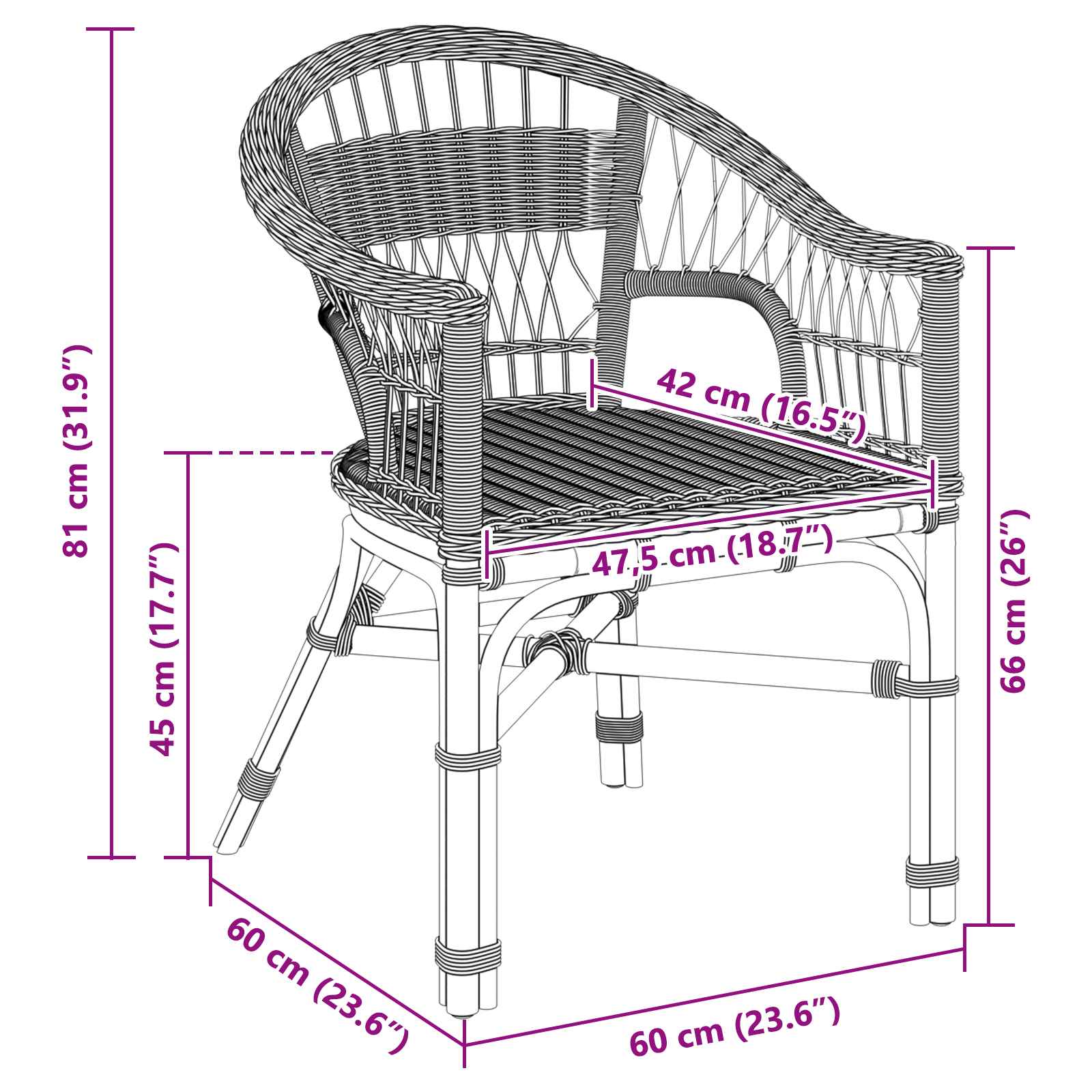 Stapelstuhl Schwarz 60 x 60 x 81 cm Rattan