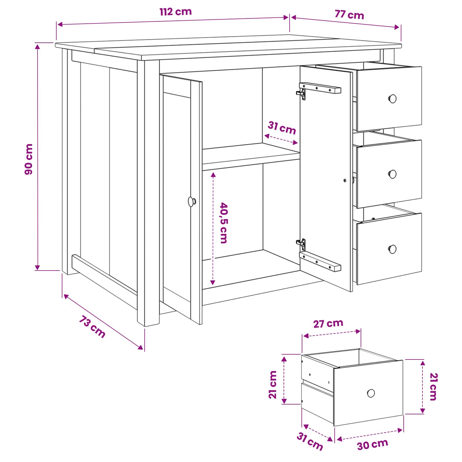 Küchentrolley PANAMA 2 pcs Weiß und Honigwachs 112 x 77 x 90 cm