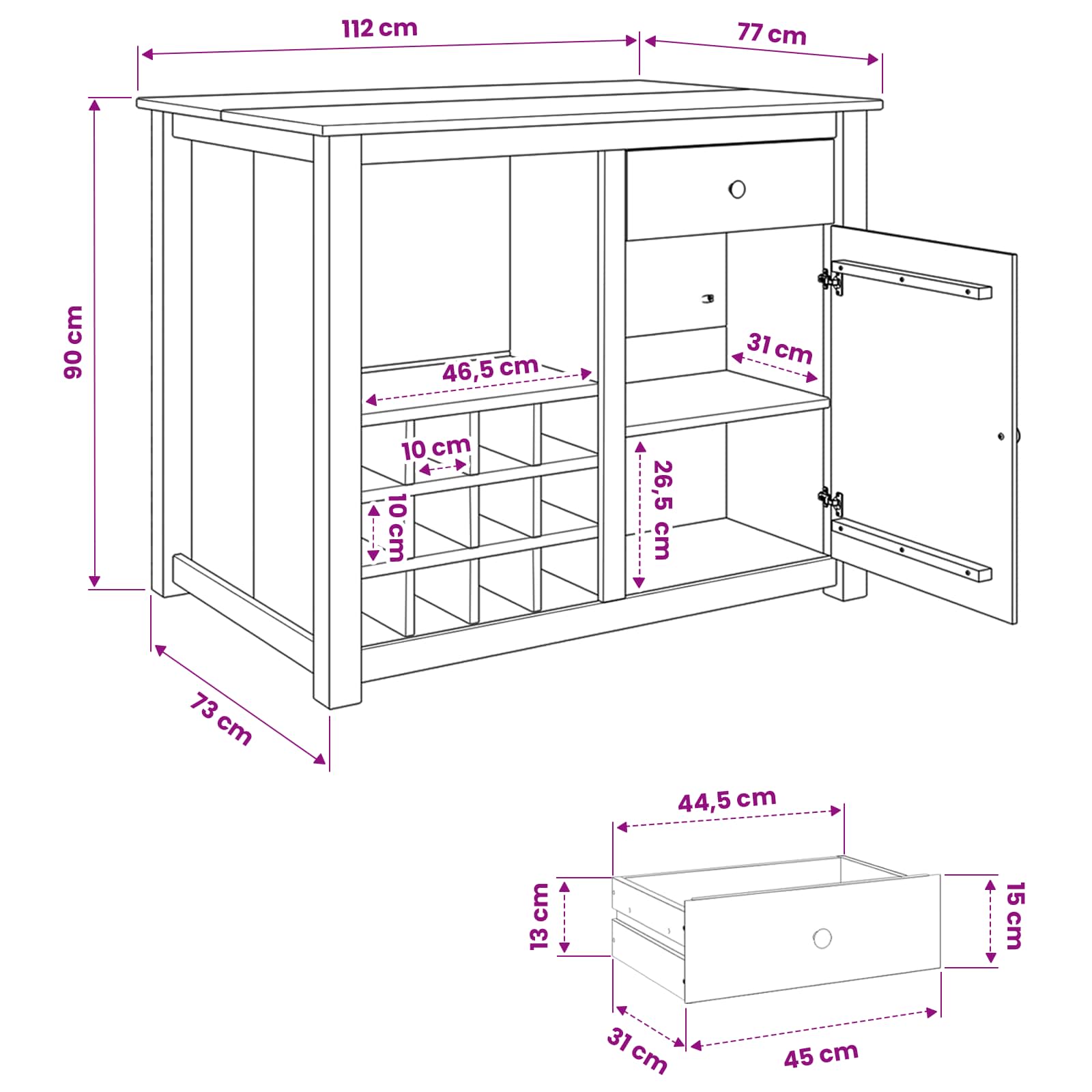 Küchentrolley mit Tür PANAMA 2 pcs Honigwachs 112 x 77 x 90 cm