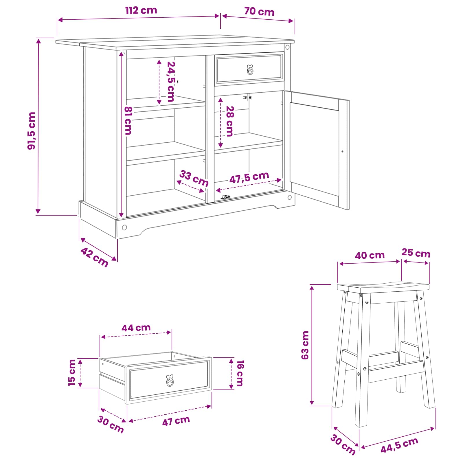 Kücheninsel Set mit Schubladen 3 pcs Honigwachs Massiv-Kiefer