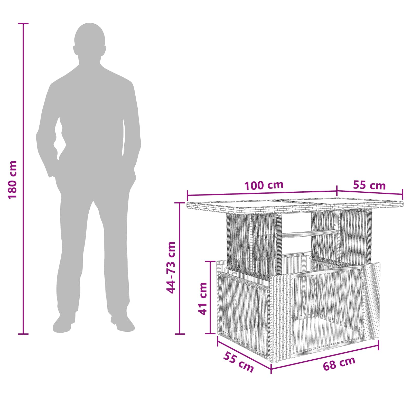 Gartentisch Grau 100 x 55 x 37 cm PE Rattan und Glas