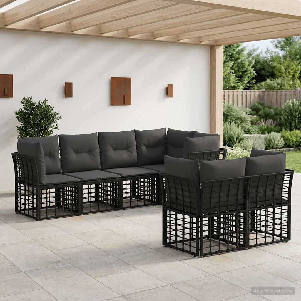 Outdoor-Sofagarnitur mit Kissen 7 pcs Schwarz Polyester