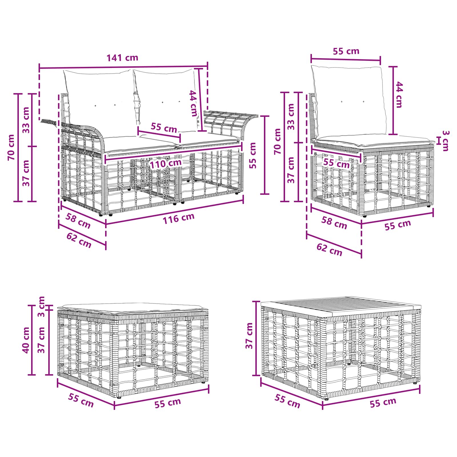 Outdoor-Sofagarnitur 7 pcs Natürlich und Cremweiß Polyester