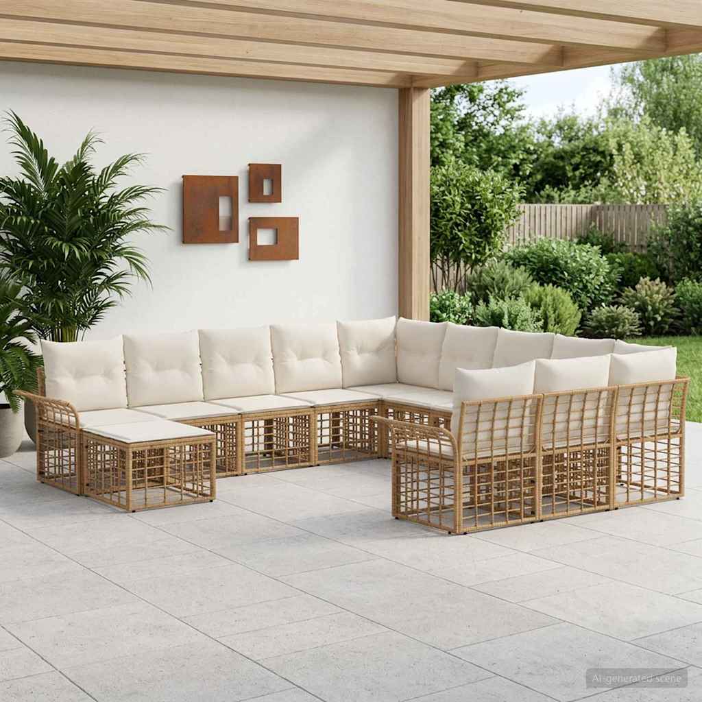 Gartensofa-set 12 pcs Natürlich und Cremweiß Poly-Rattan