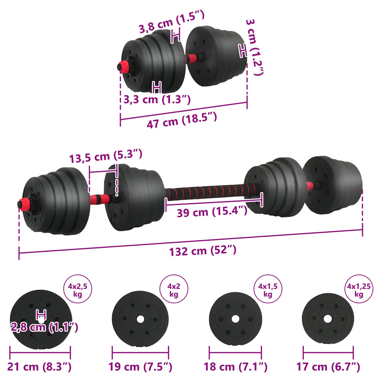 2-in-1 Hantelset 40kg Schwarz und Rot Zement und Eisensand